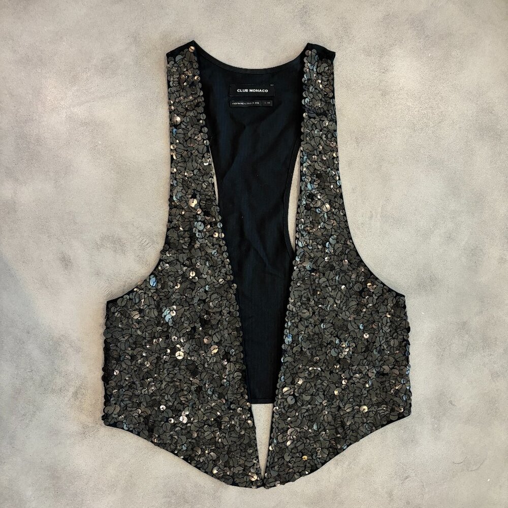 Gunmetal + Black Matte Sequin Party Vest Size Large | Club Monaco